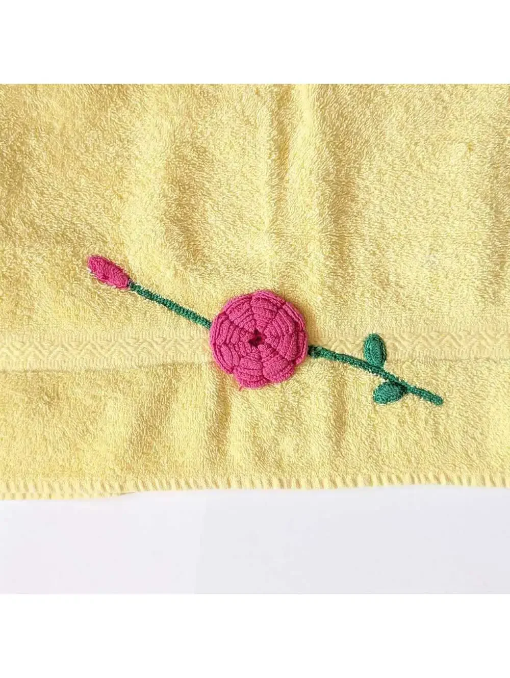 Vintage Yellow Bath Towel with Red Crochet Rose Applique